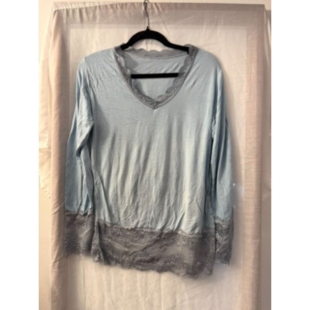 Pale Blue Gray Lace Trim Long Sleeve V Neck Top